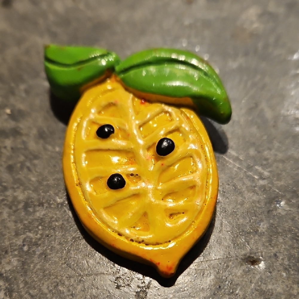 Yellow Lemon Brooch with Green Leaf